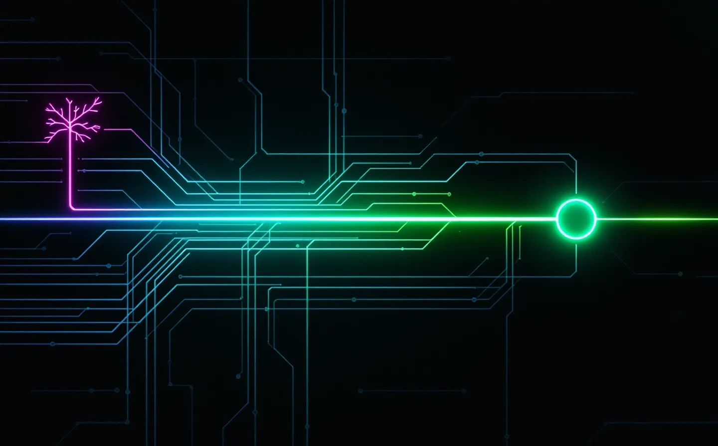 Cyberpunk dark-mode schematic of two glowing peptide channels — a magenta angiogenic channel and a green actin-migration channel — converging on a single cyan repair node on a deep void ground with a faint circuit-board pattern